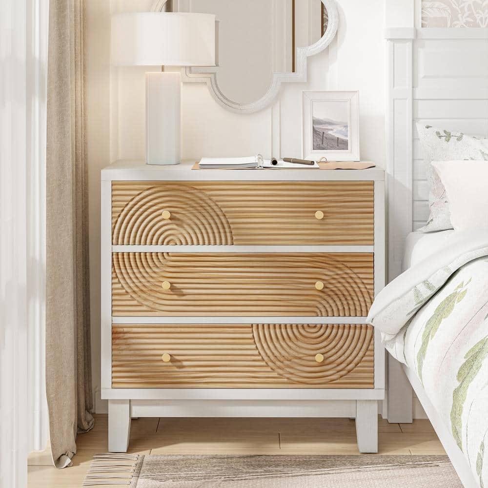 COZAYH 3-Drawer Farmhouse Dresser with Handicraft Wood Ring Motif, Fully Assembled Nightstand Wooden Finish for Boho, Mid-century, Rustic Style