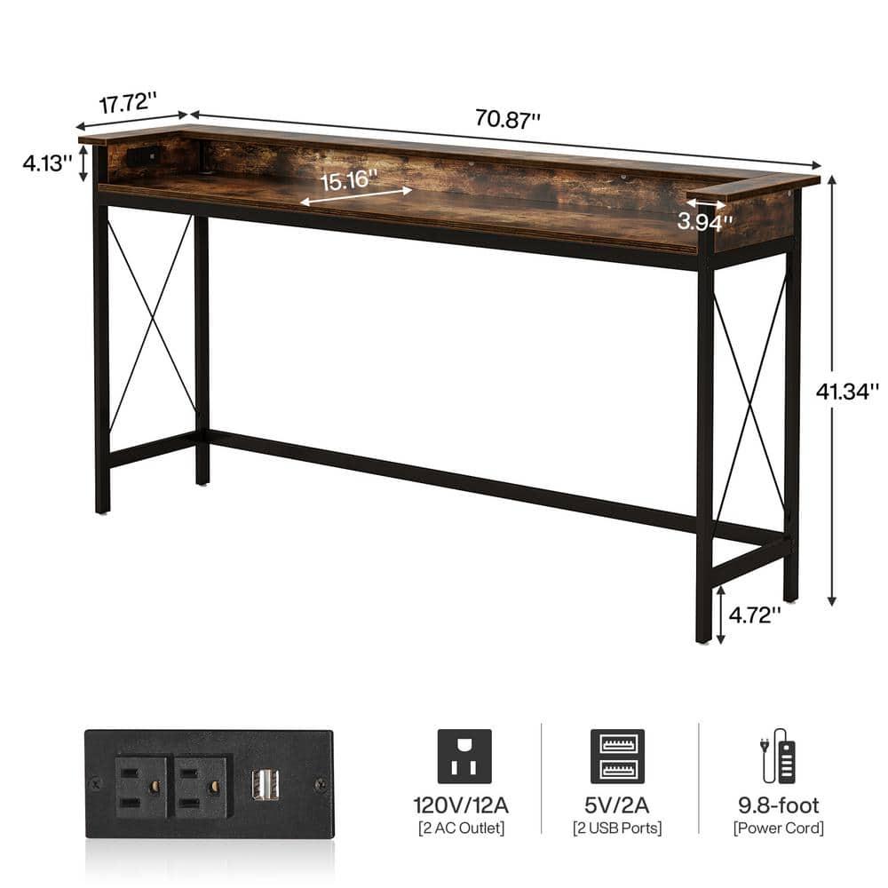 Tribesigns Sofa Table with Outlets and USB Ports, 70.9 inch Console Table, Industrial Entryway Hallway Accent Table for Living Room,Brown & Black