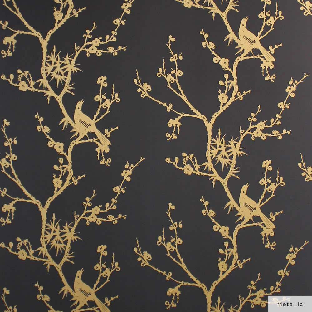 Tempaper & Co.® x Cynthia Rowley Bird Watching Removable Peel and Stick Wallpaper, Black and Gold, 56 sq ft: Vinyl, Self-Adhesive
