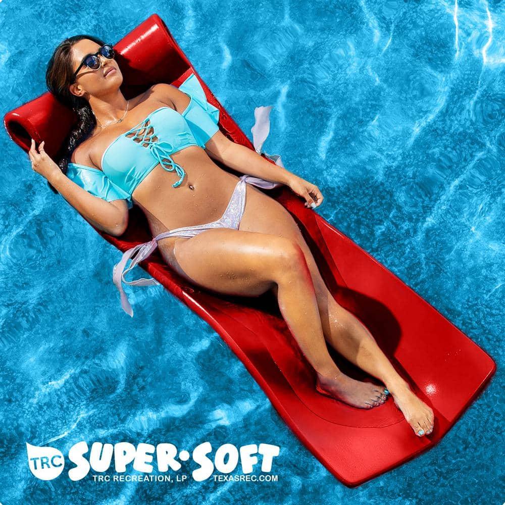 TRC Recreation Splash 1.25 Inch Thick Foam Outdoor Swimming Pool Float Mat Large Adult Lounger with Built-In Roll Pillow, Red