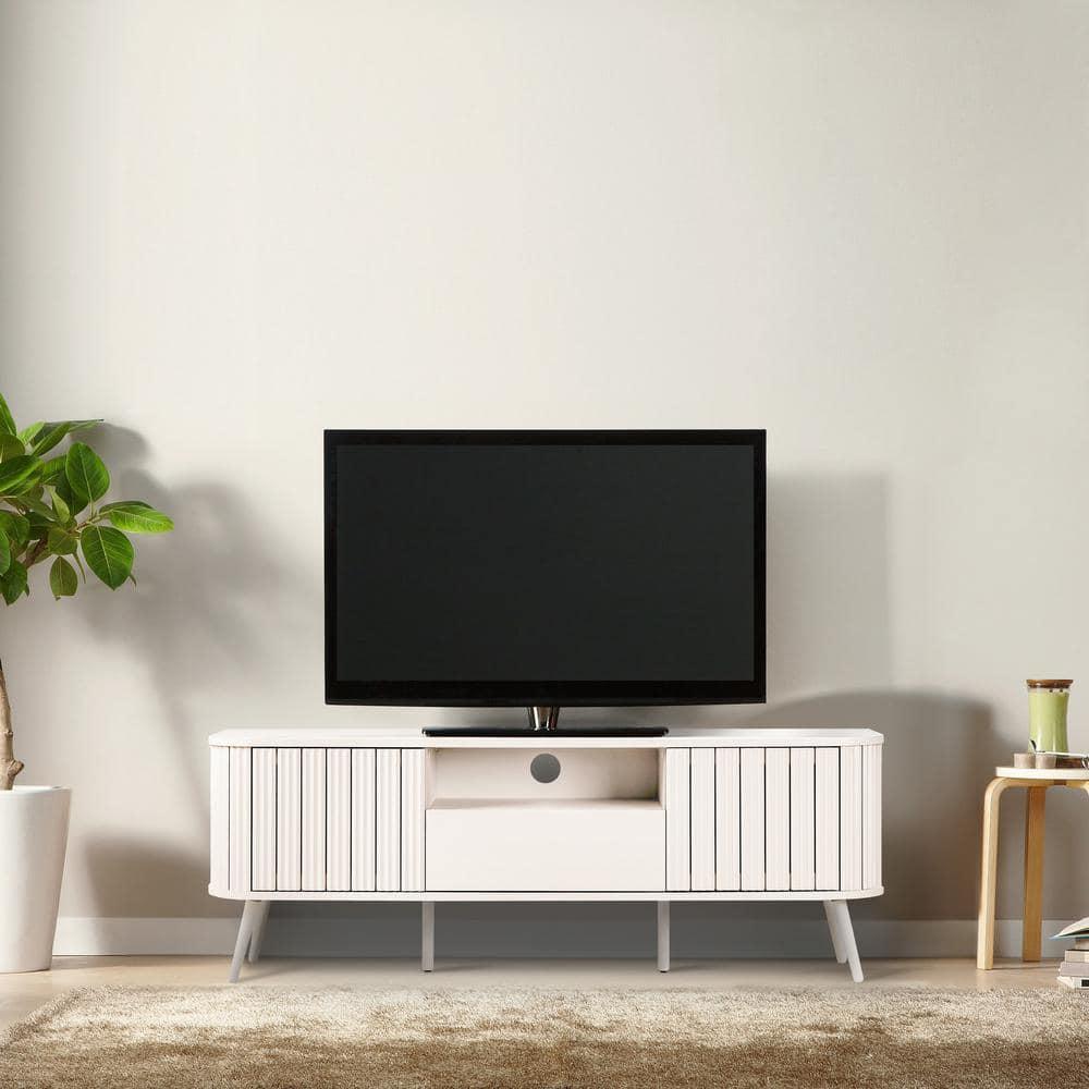 JONATHAN Y Damien 70 in. Farmhouse Curved TV Stand with Drawer and Storage Doors Fits TVs up to 75 in. with Cable Management, Off-White