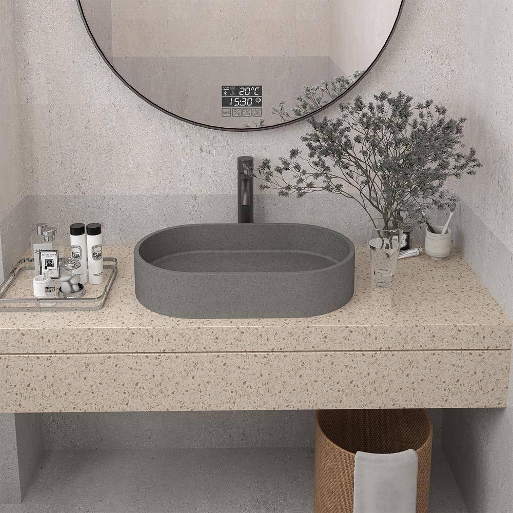 23.63 in. Oval Vessel Bathroom Sink with Pop-up Drain in Mottled Bluish Gray Cement