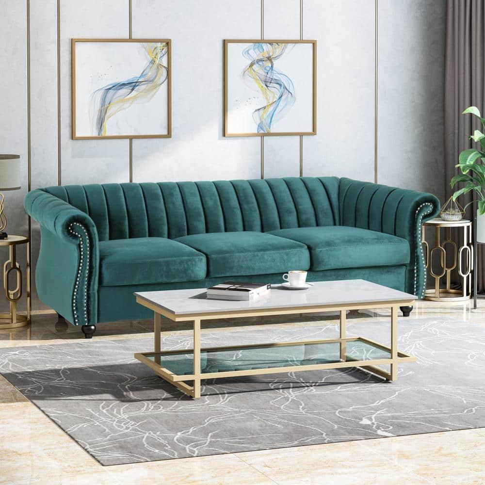 Noble House Fenix Velvet Channel Stitch 3 Seater Sofa, Teal