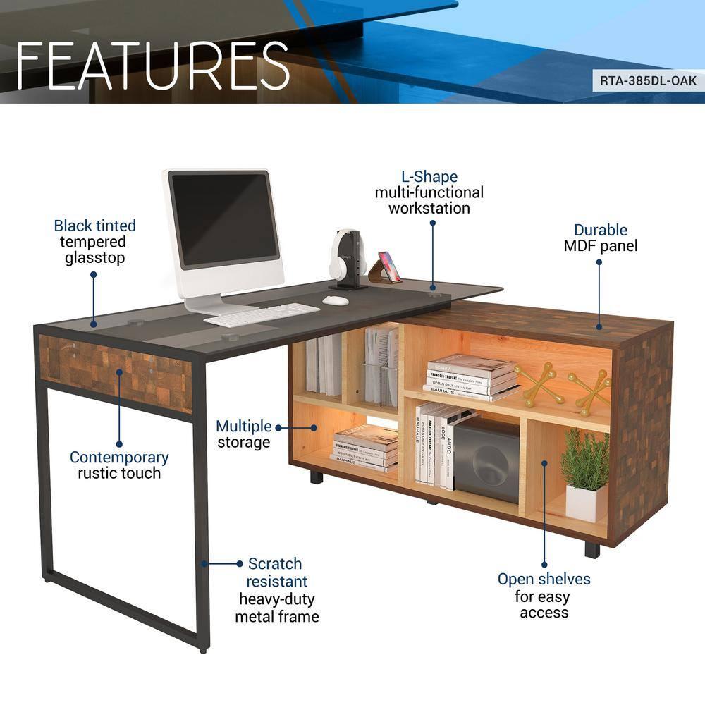 L Shaped Desk Oak - Techni Mobili: Modern Home Office Desk with Shelves, MDF & Metal Frame, 5-Year Warranty