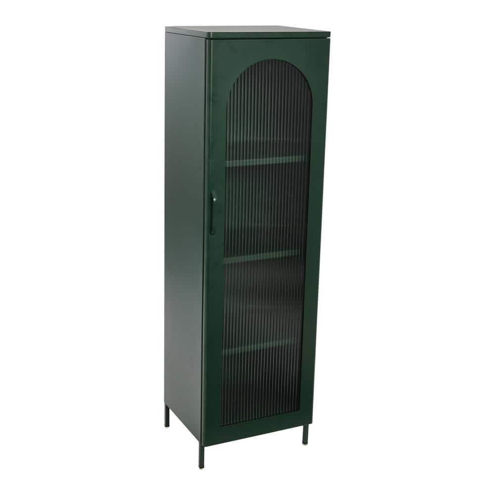 Storied Home Tall Metal Accent Cabinet: Arched Glass, 4 Shelves, Dark Green, 57" H