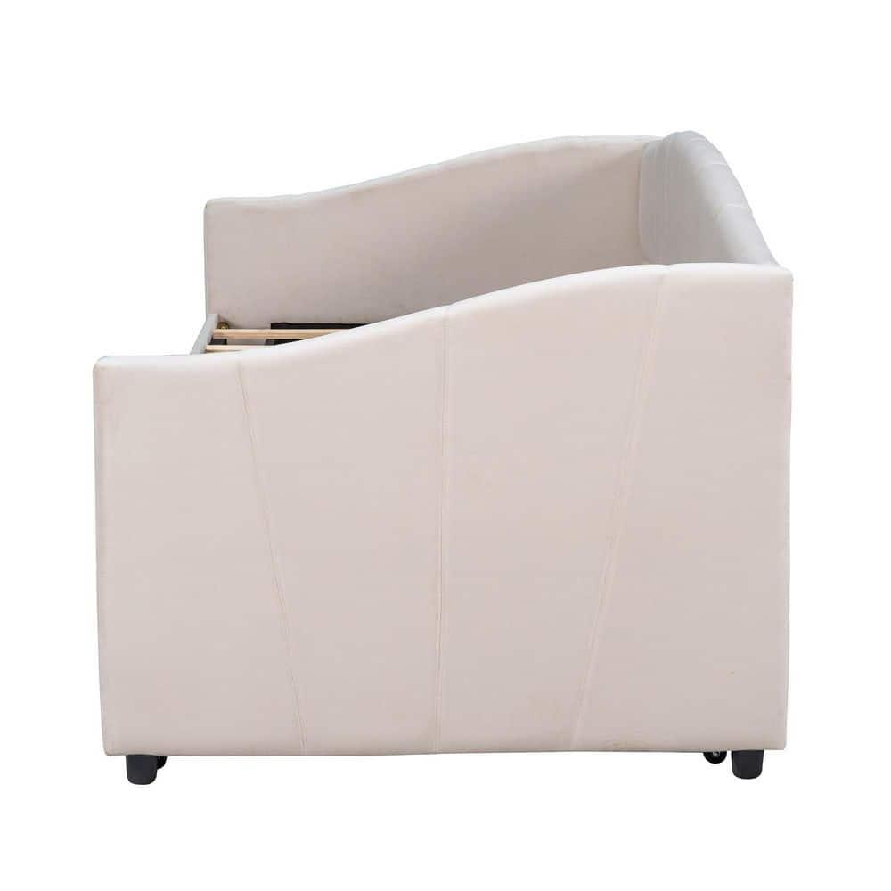 Upholstered Daybed with Trundle, Modern Twin Size Tufted Velvet Upholstered Daybed Frame with Wood Slat Support, Dual-use Platform Bed Sofa Bed with Wingback and Armrests for Living Room Bedroom Beige