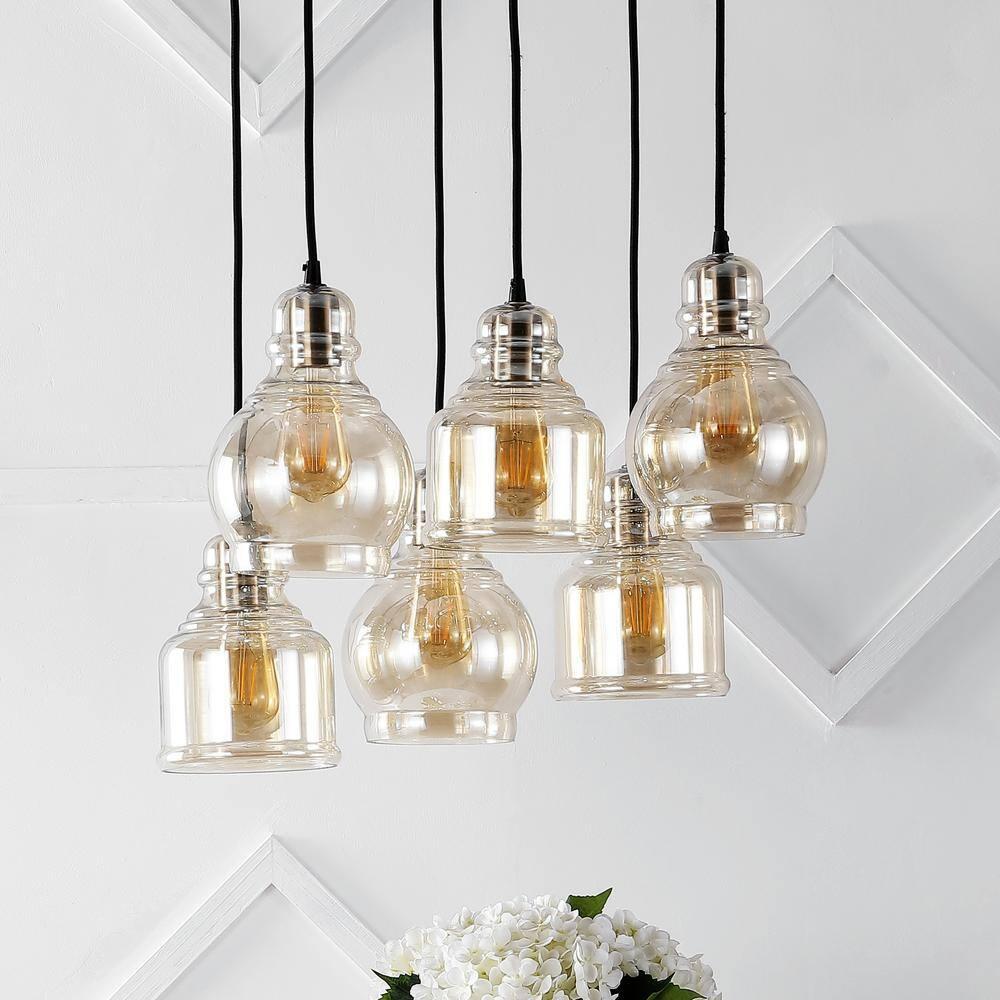 Sydney 18.88" 6-Light Bohemian Farmhouse Iron/Glass Cluster LED Pendant, Nickel/Champagne
