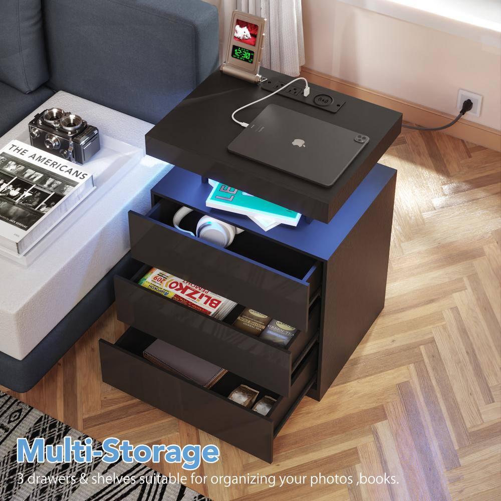 Hommpa LED Nightstand Wireless Charging Station USB Type C Outlets Bedside Table 3 Drawers White Night Table Modern Smart Nightstand High Gloss End Side Table for Bedroom Furniture 26.8" Tall