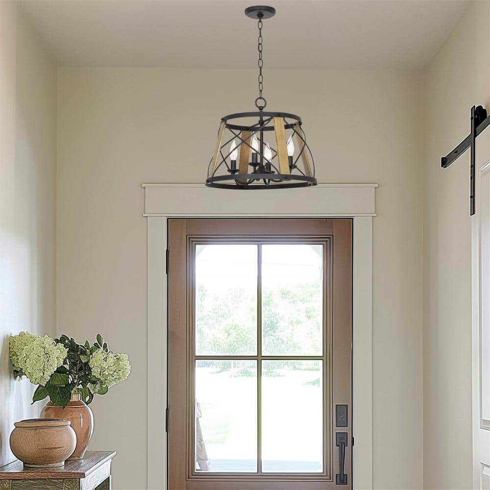 Kira Home Napa 18" Farmhouse Round Pendant Chandelier, Open Cage Design, Smoked Birch Wood, Perfect for Dining Rooms