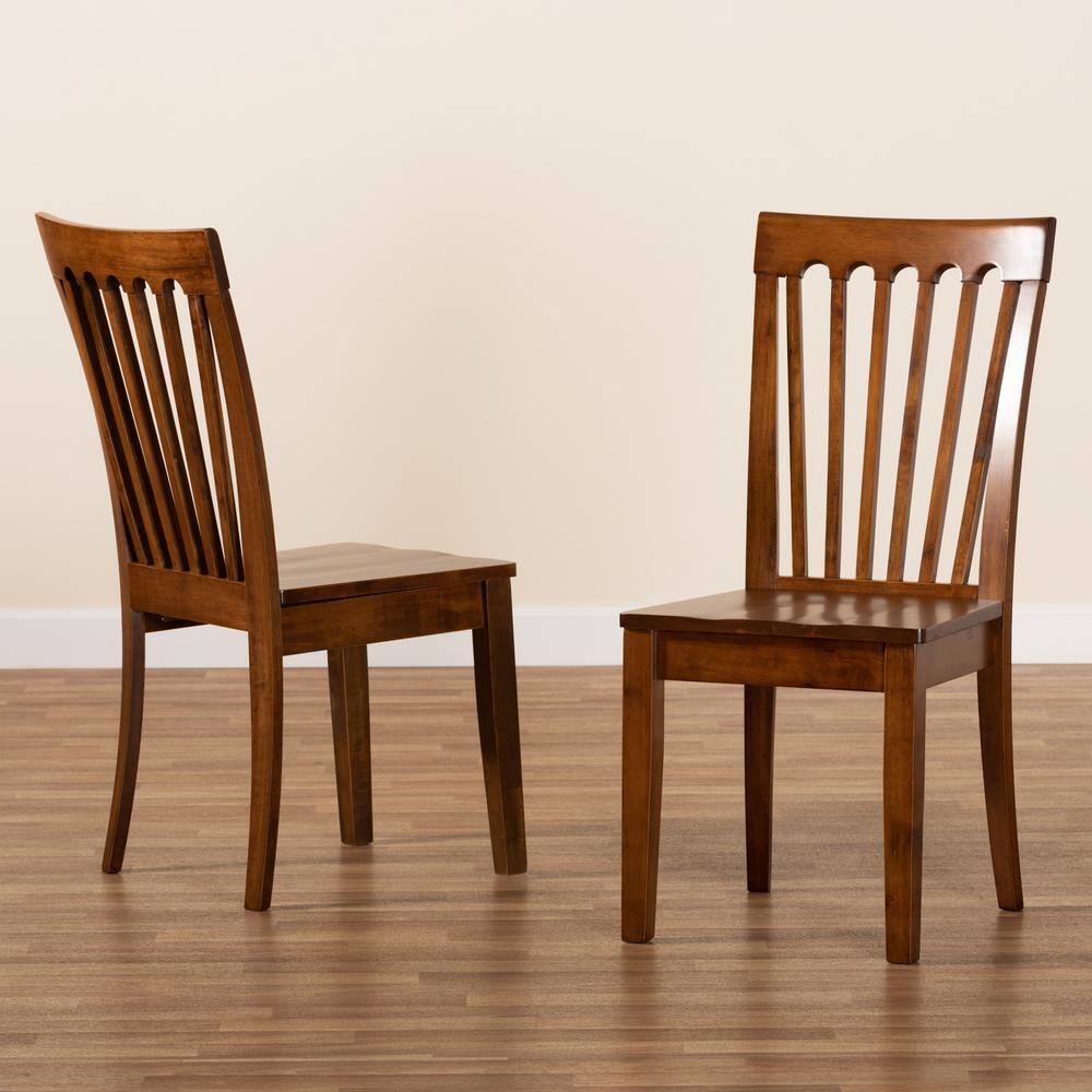 2pc MinetteWood Dining Chair Set Brown - Baxton Studio: Walnut Finish, Upholstered, Armless: Polyester Fabric, Wood Frame