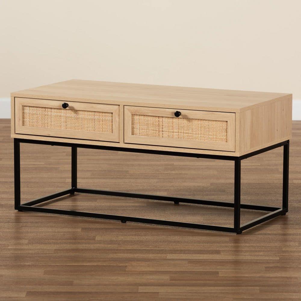 Amelia Wood Rattan 2 Drawer Coffee Table Natural Brown/Black - Baxton Studio