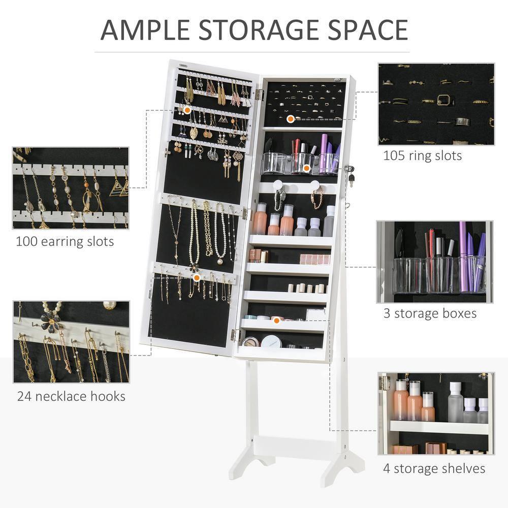 White MDF Floor Standing Jewelry Cabinet with LED Light and Mirror