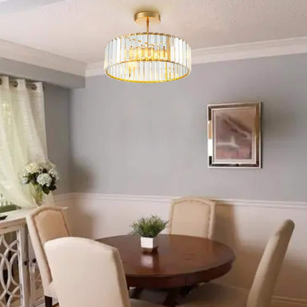 15 in. 3-Light Gold Crystal Semi Flush Mount Ceiling Light with Clear Glass Shade for Living Room No Bulbs Included