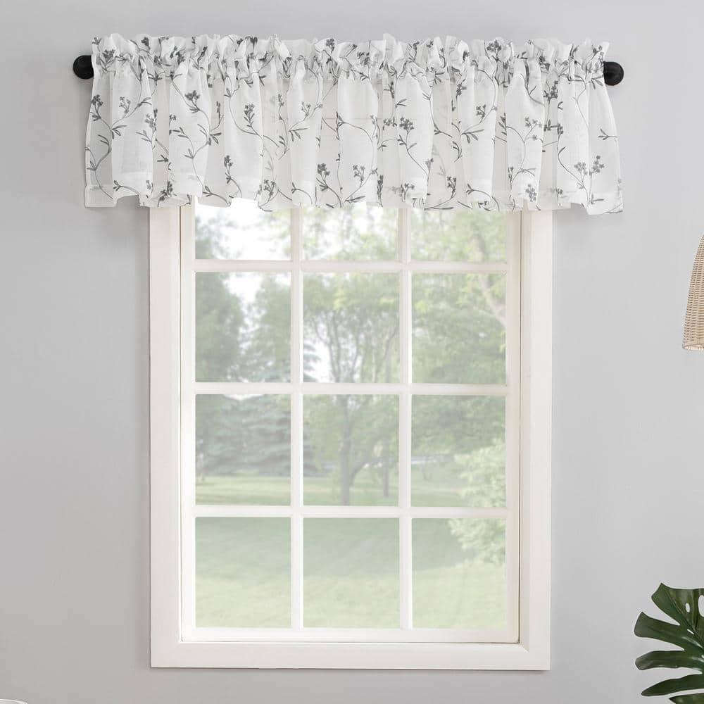 17"x50" Delia Embroidered Floral Sheer Rod Pocket Curtain Valance White/Gray - No. 918: Botanical Window Valance