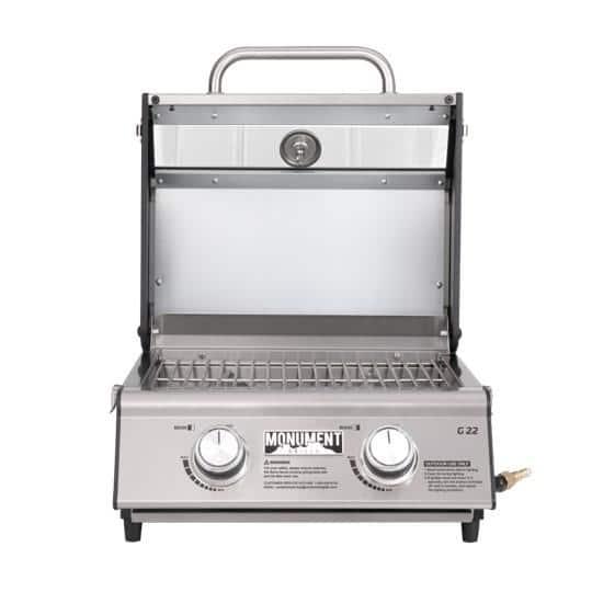 Monument Grills 13742,2-Burner Portable Stainless Steel Tabletop Propane Gas Grill with High Lid and Travel Locks, 15,000 BTU – Perfect for Family BBQs