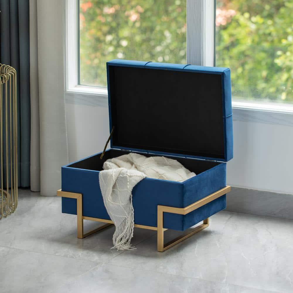 Fabulaxe Rectangle Velvet Storage Ottoman with Abstract Golden Legs | Sitting Bench for Living Room Home Decor with Unique Base Support (Blue Small)