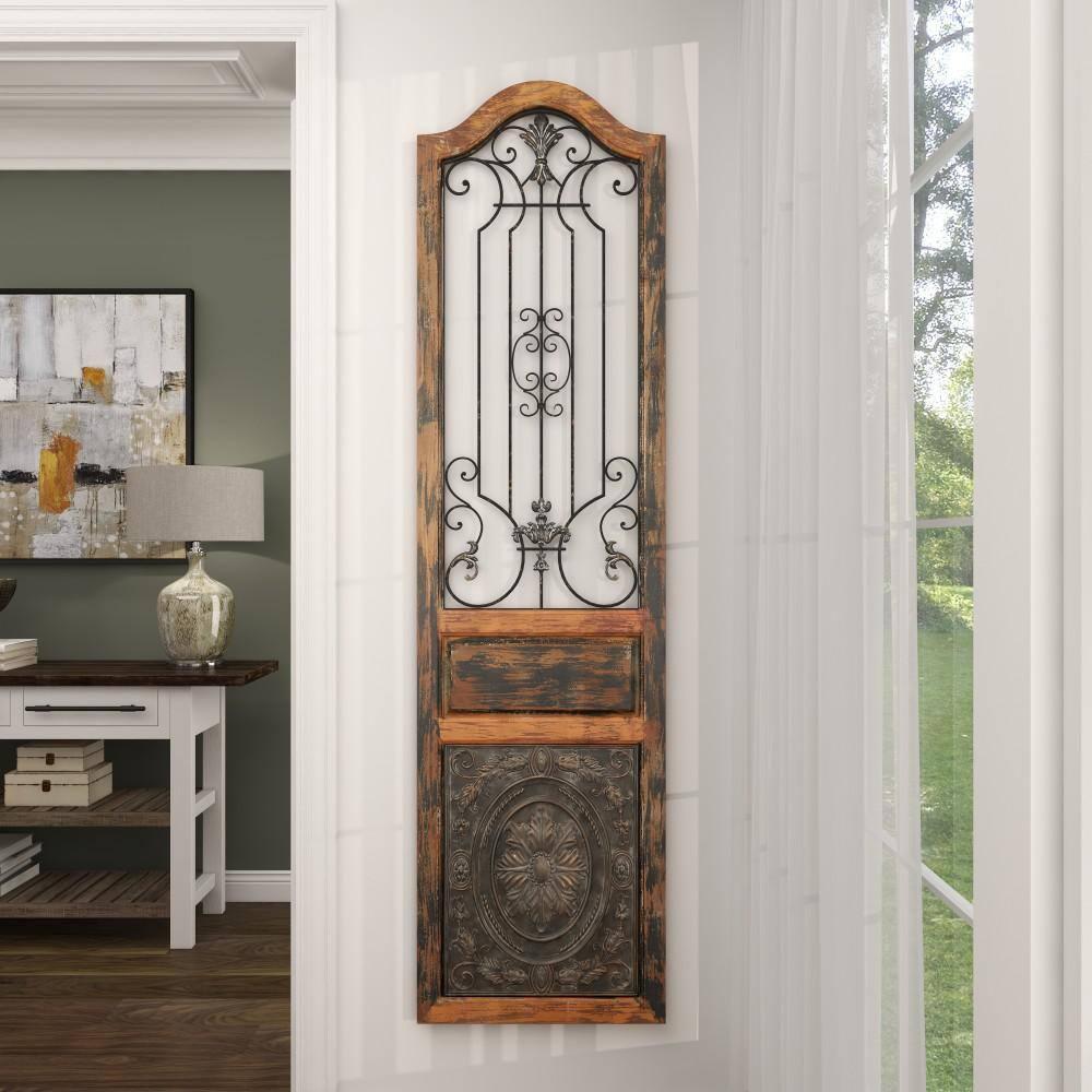DecMode Decoración de Pared de Metal y Madera Inspirada en Puertas Arqueadas Rústicas 72" de Alto x 19 de Largo, Acabado en Marrón Desgastado con Carácter Orgánico