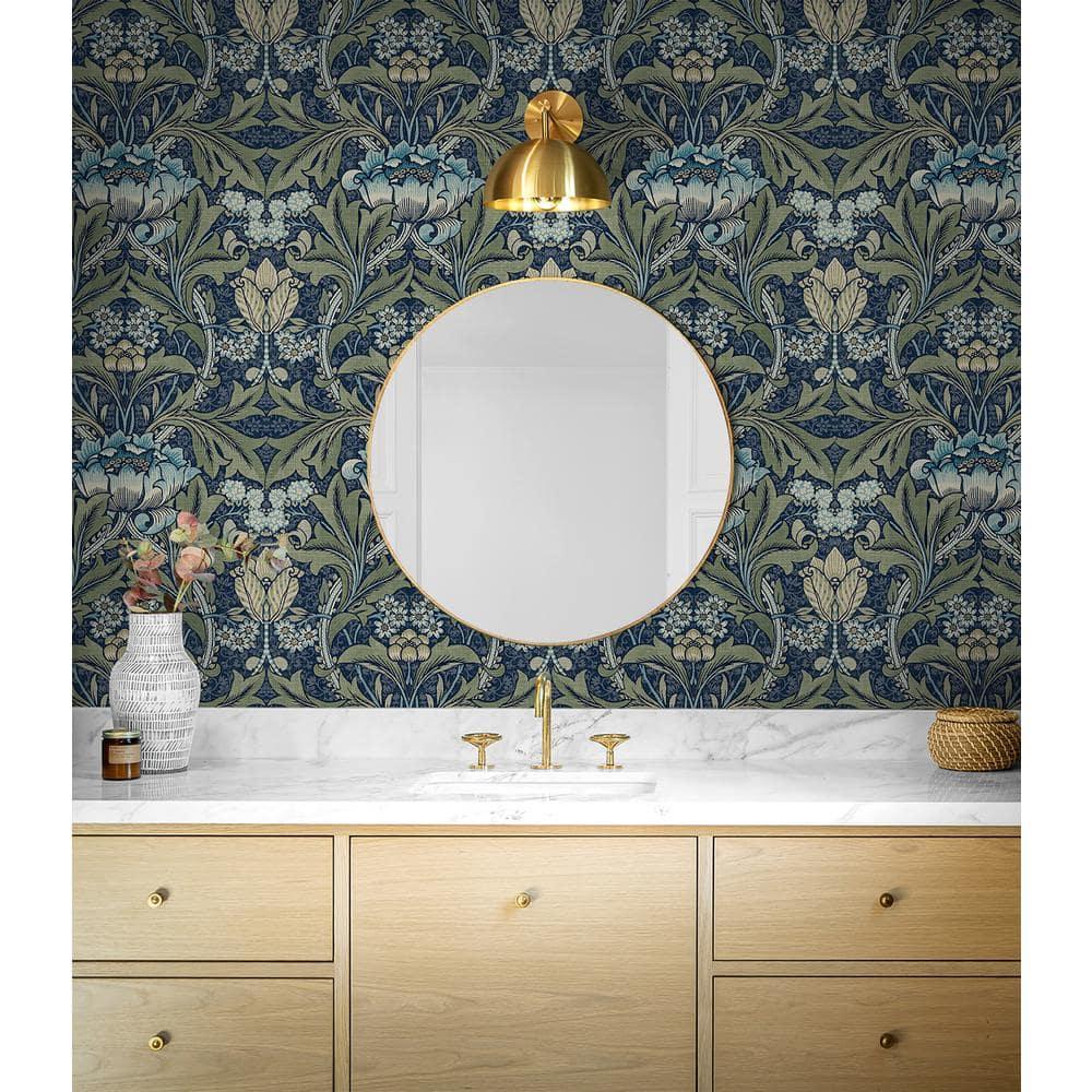 Seabrook Designs  Acanthus Floral Prepasted Wallpaper 20.5 in. W x 33 ft. L - Denim & Sage