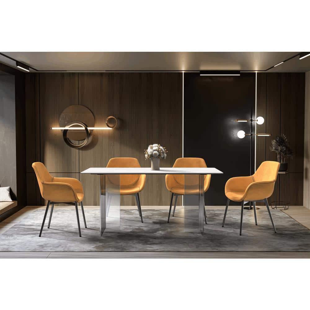 LeisureMod Modern 62” Rectangular Dining Table for 4 to 8 People with Sintered Stone/Glass Top and Acrylic Base Kova Series in White/Gold