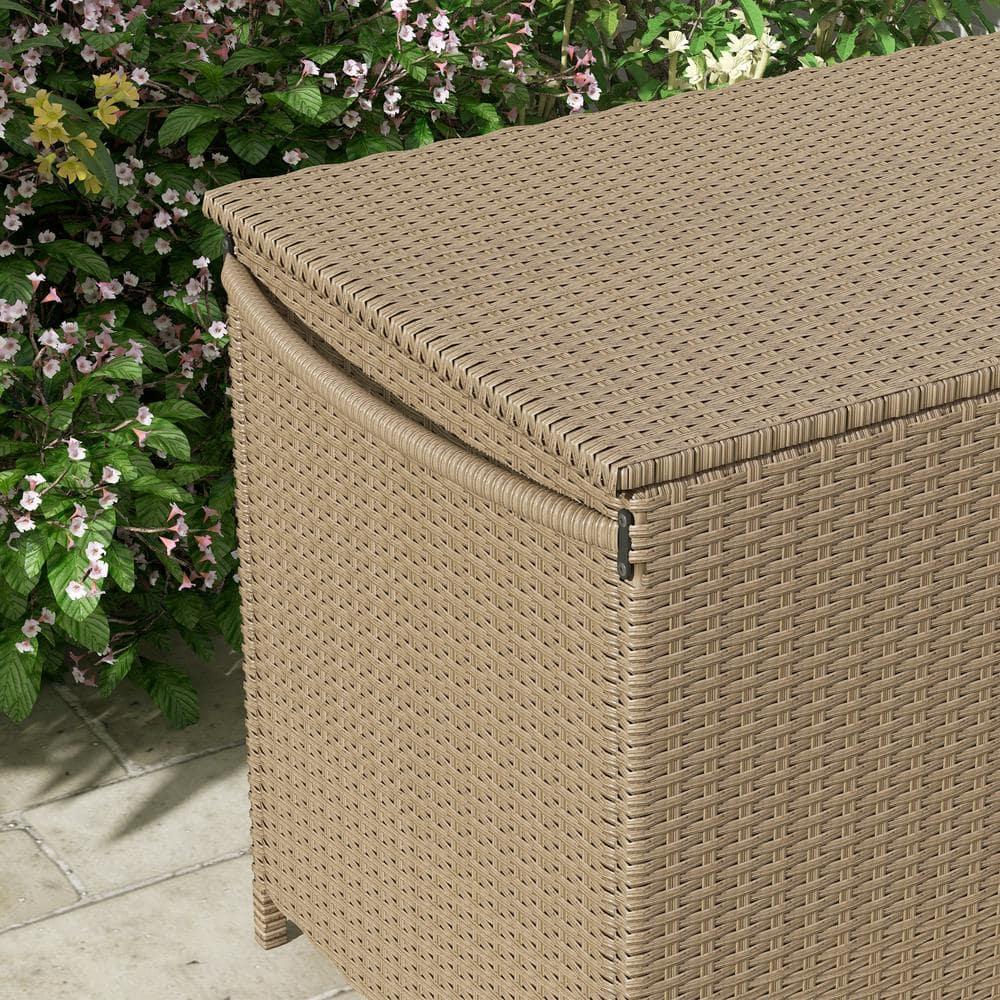 Tryimagine Outsunny 83 Gallon Deck Box, Large Outdoor Storage Chest, PE Wicker Trunk For Outside On Wheels For Garden Tools, Pool Toys & Patio Furniture Cushions