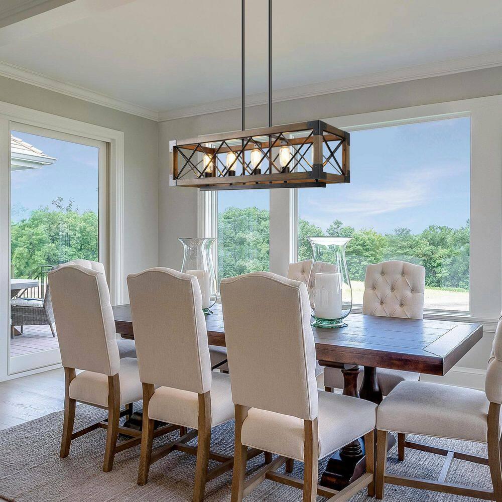 Farmhouse 5-Light Wood and Black Metal Chandelier, Rectangular Kitchen Island Light Fixture