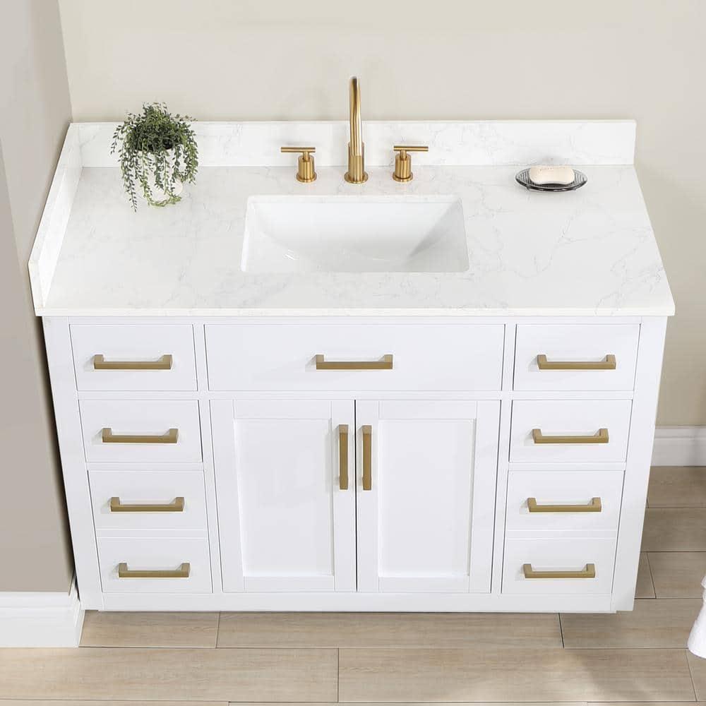 Gavino 48" Wood Vanity in White with Grain White Composite Stone Top and Mirror