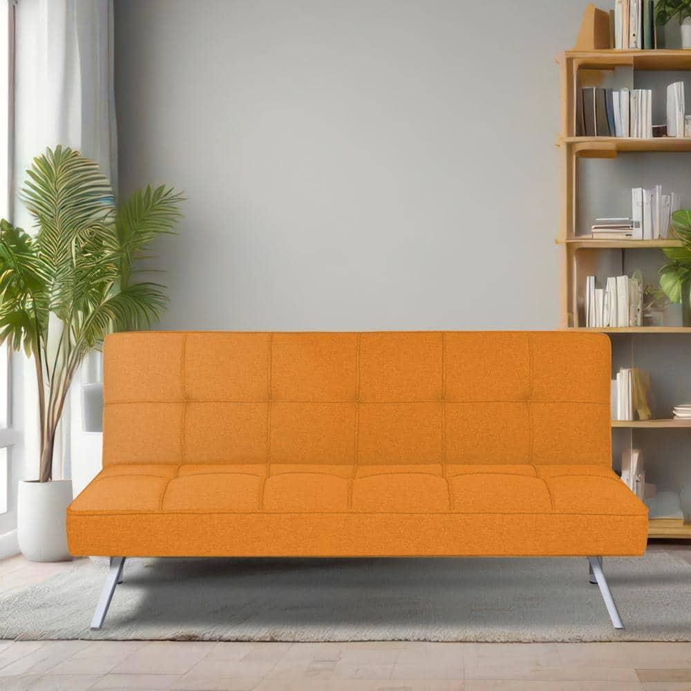 Modern Futon Sofa Bed - Compact Design for Small Spaces - Convertible Futon with Linen Fabric for Premium Comfort - Ideal Guest Couch - Stylish & Durable, Supports up to 750 lbs. - Tangerine