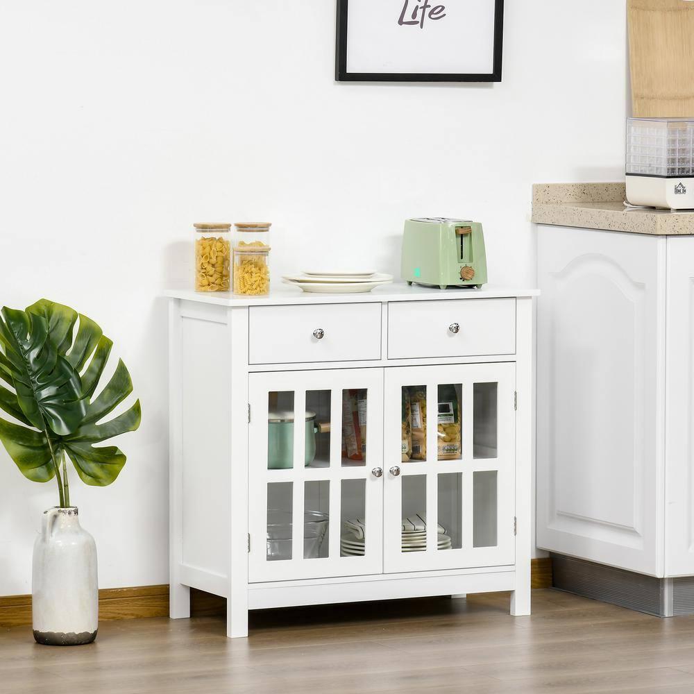 HOMCOM Sideboard Buffet Cabinet, Storage Cupboard with Glass Doors, Adjustable Shelf and 2 Drawers for Kitchen, White