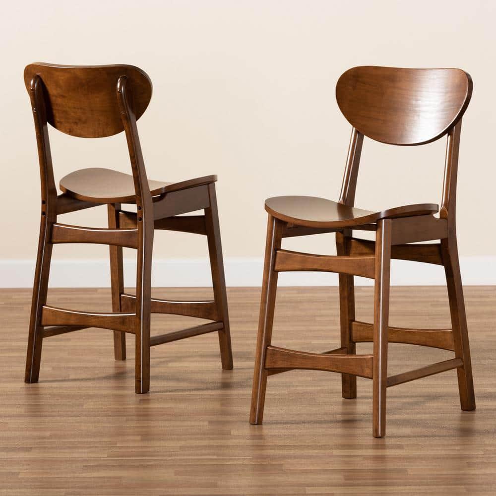 2pc Katya Wood Counter Height Barstool Set Brown - Baxton Studio: Walnut Finish, Polyester Upholstery, Footrests