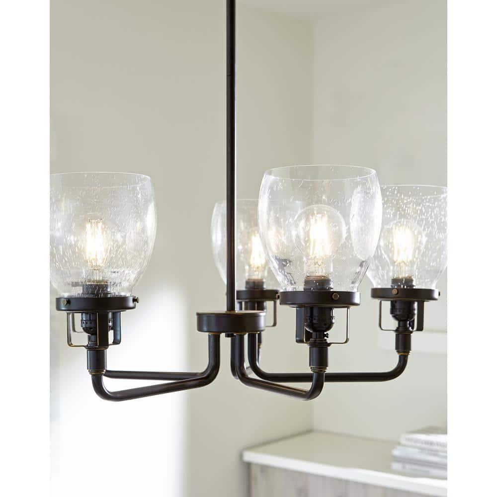 Belton 5-Light Bronze Transitional Industrial Hanging Chandelier with Clear Seeded Glass Shades