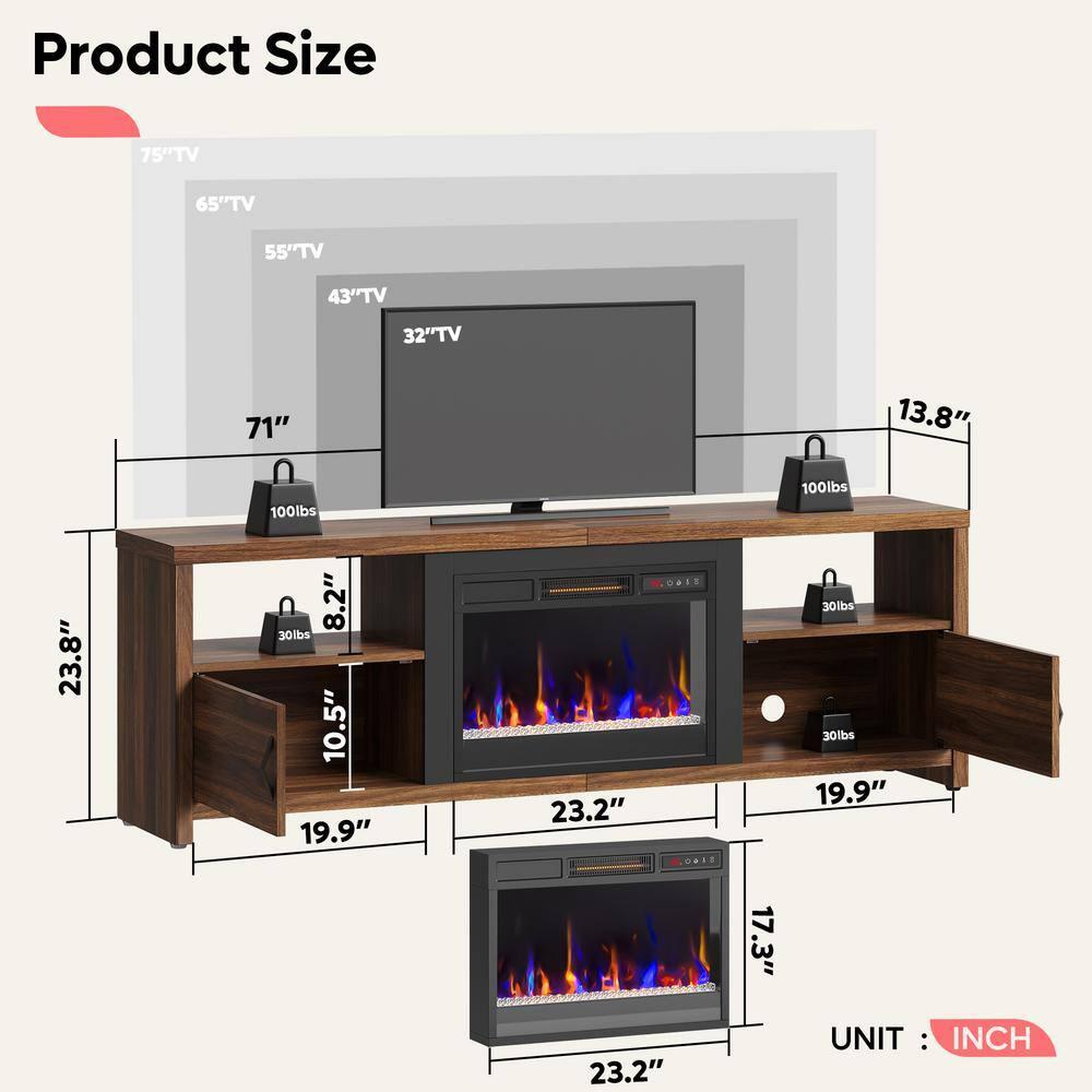 Walnut Electric Fireplace TV Stand with Cabinets for 75" TVs