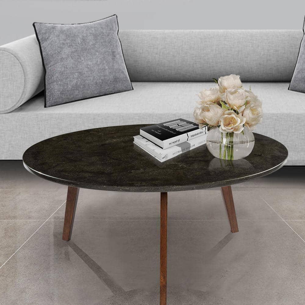 The Bianco Collection Stella 31" Round Italian Black Marble Coffee Table with Walnut Legs