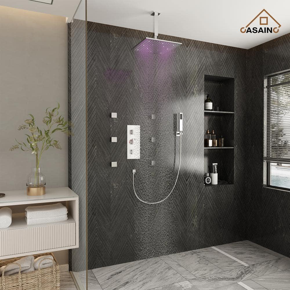 3-Function Luxury Ceiling Mount 12 Inch LED Thermostatic Shower System with 6 Body Jets