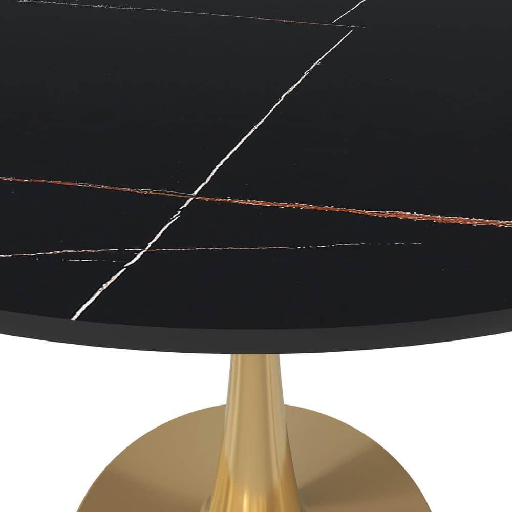 LeisureMod Bristol 35" Round Dining Table – Sintered Stone Top Accent Café Table & Sturdy Steel Gold Pedestal Base for Kitchen and Small Spaces