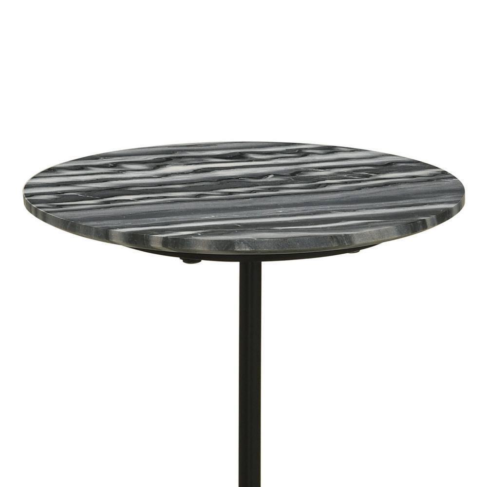 Benjara Side End Drink Table, Round Gray White Marble Top, Pedestal Base 14x14x24