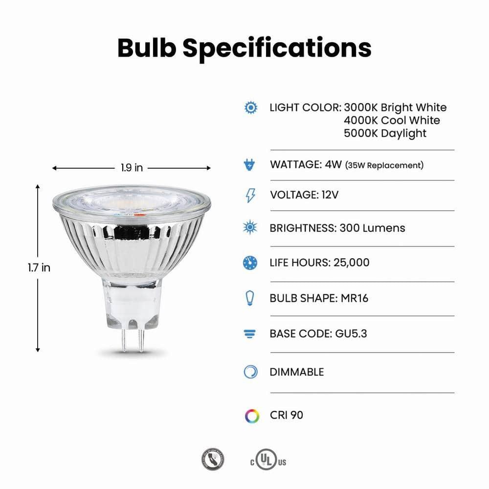 20W Equivalent MR16 GU5.3 Bi-Pin Dimmable 12V Track Light LED Flood Light Bulb 3000K/4000K/5000K Tunable White (18-Pack)