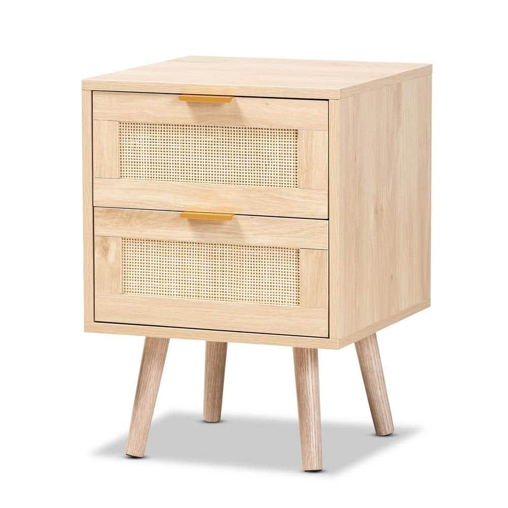 Baird Wood and Rattan 2 Drawer Nightstand Brown - Baxton Studio: Bohemian Style, Gold Tone Handles