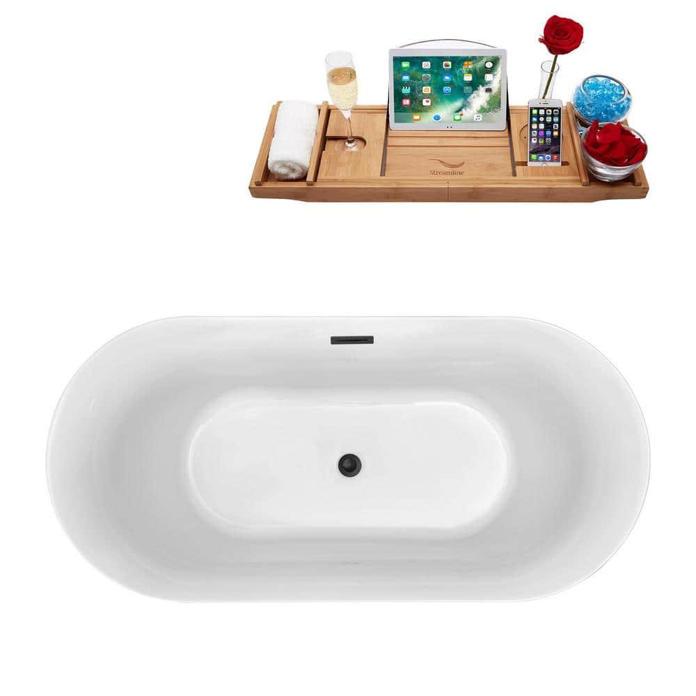 59" Streamline Freestanding Soaking Acrylic Bathtub With Drain and Bamboo Tray