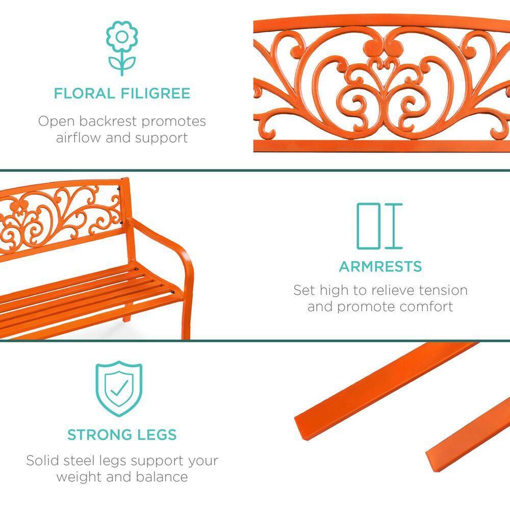 World Menagerie Outdoor Steel Bench with Floral Backrest & Slatted Seat, Marigold for Garden, Patio, Porch, Lawn, and Deck