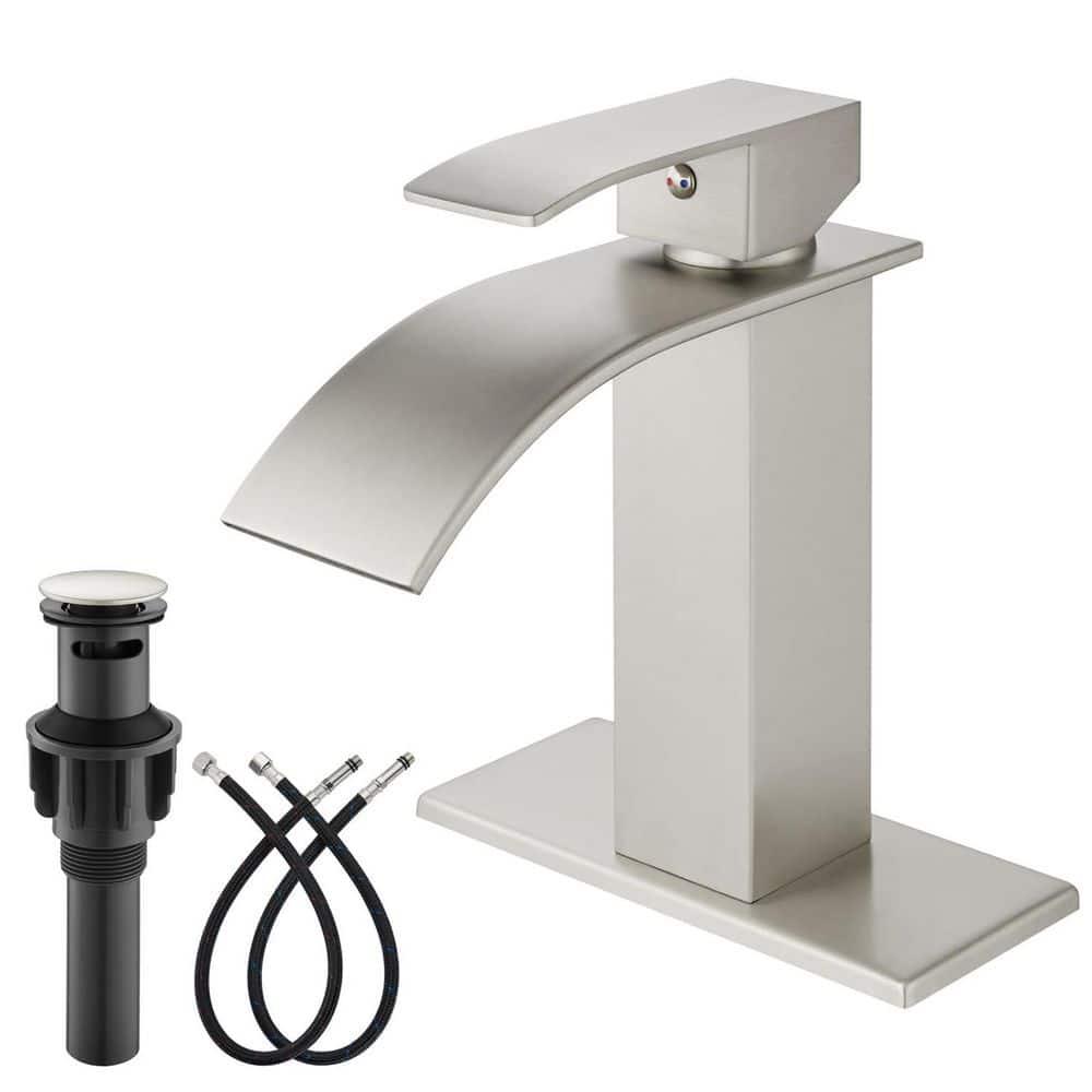 Waterfall Single Handle Bathroom Vanity Sink Faucet with Metal Pop-up Drain, Brushed Nickel Finish