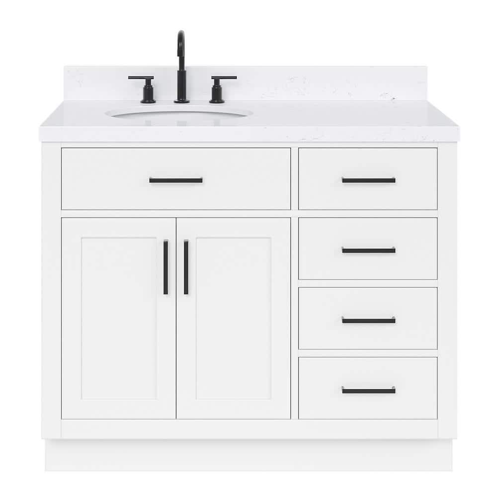 Hokku Designs Thornaby 42'' Solid Wood Single Bathroom Vanity with 1.5'' Carrara Quartz Top, Left Offset Oval Sink