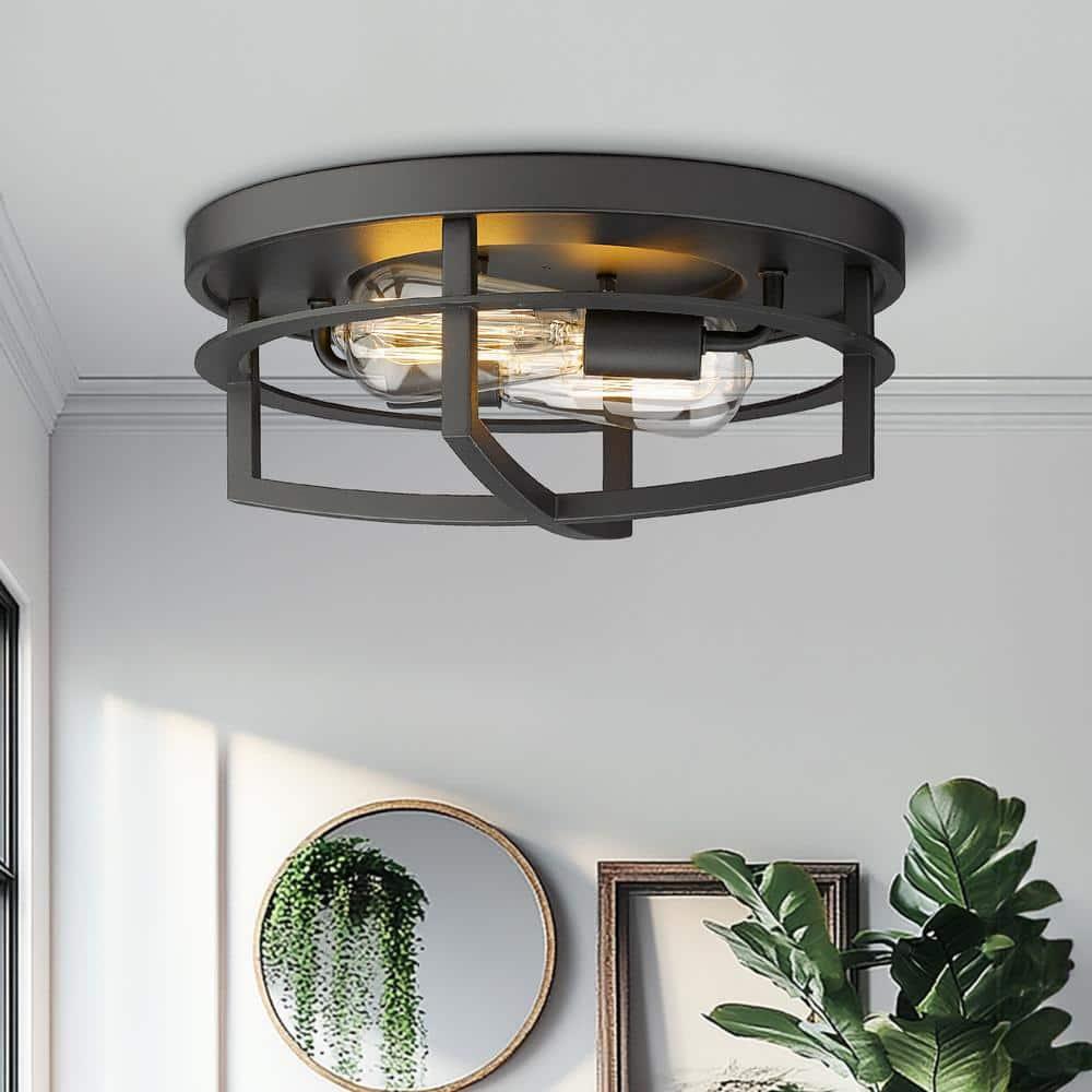 Ceiling Light Fixture,2-Light Farmhouse Flush Mount Ceiling Light for Hallway Foyer Bedroom,13 inch Black Finish,4FW01-F BK