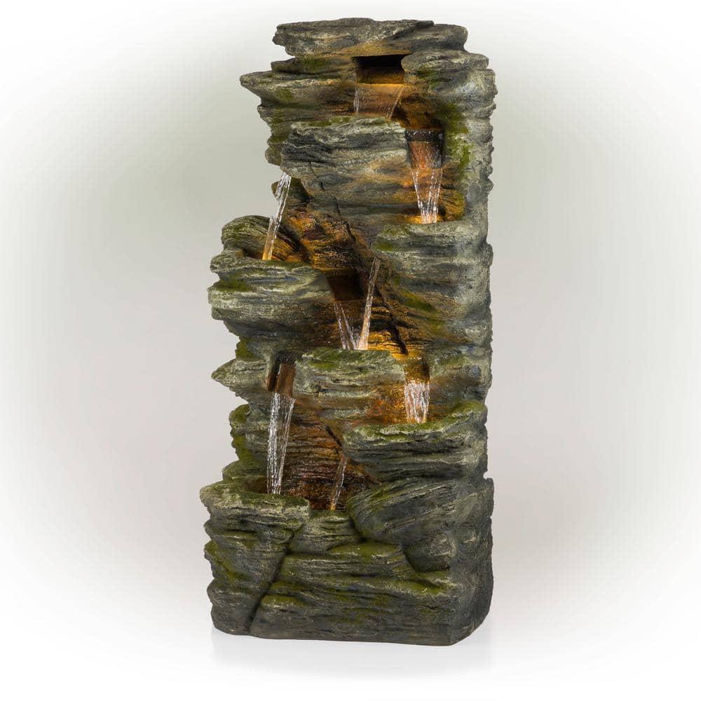 51" Resin Rock Cascading Fountain with LED Lights Gray - Alpine Corporation: Waterfall Feature, Birdbath