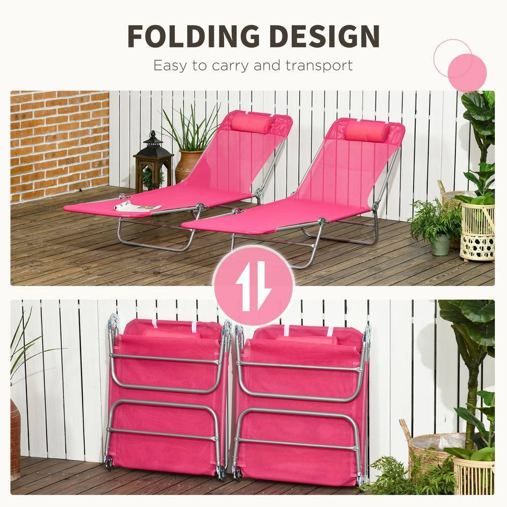 Outsunny Folding Chaise Lounge Pool Chairs, Set of 2 Outdoor Sun Tanning Chairs with Pillow, Five-Position Reclining Back for Beach, Pink