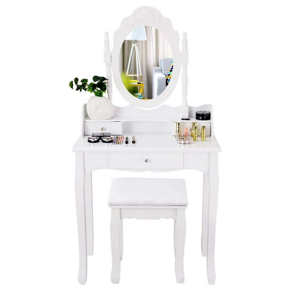 Tangkula Bathroom Vanity Wood Makeup Dressing Table Stool Set Jewelry Desk W/Drawer &Mirror White