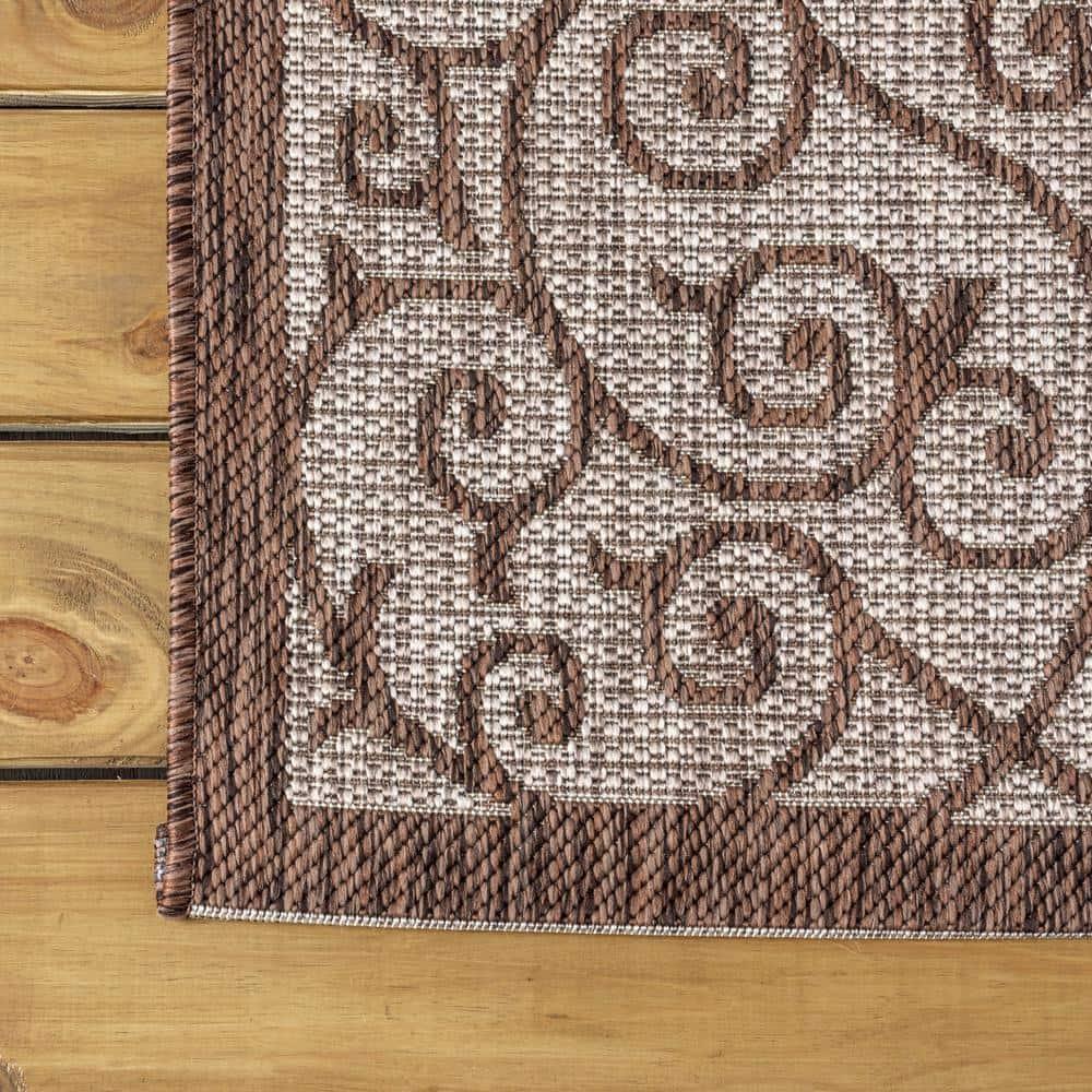5' Square Madrid Vintage Filigree Textured Weave Indoor/Outdoor Area Rug, Taupe/Espresso - JONATHAN Y