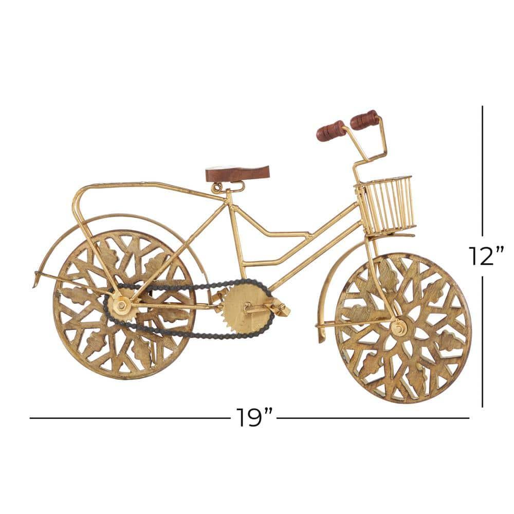19" x 12" Gold Metal Bike Sculpture with Carved Wood Wheels, by DecMode