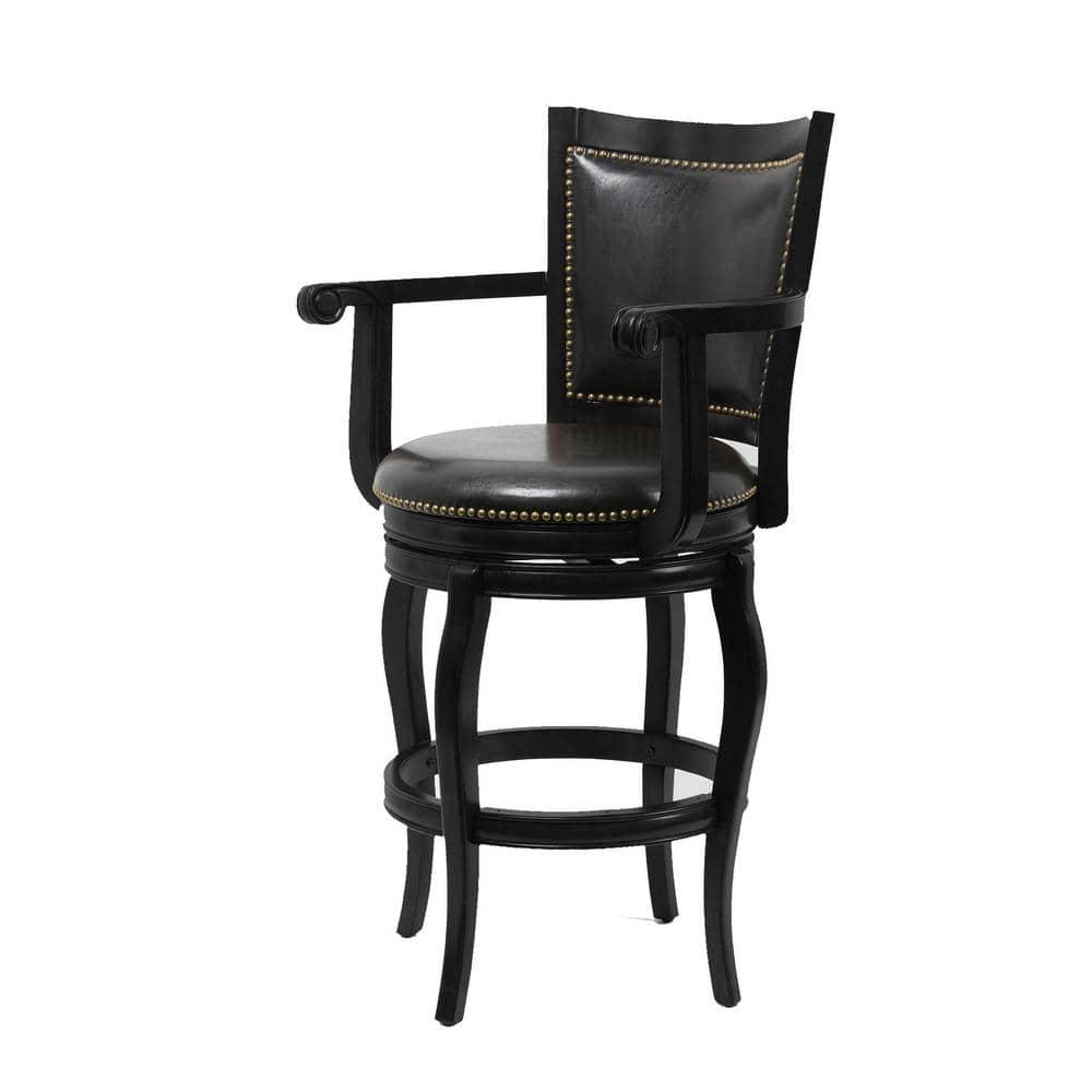 Benjara Hugo 29 Inch 360-Degree Swivel Barstool, Wood, Open Rolled Arms, Black