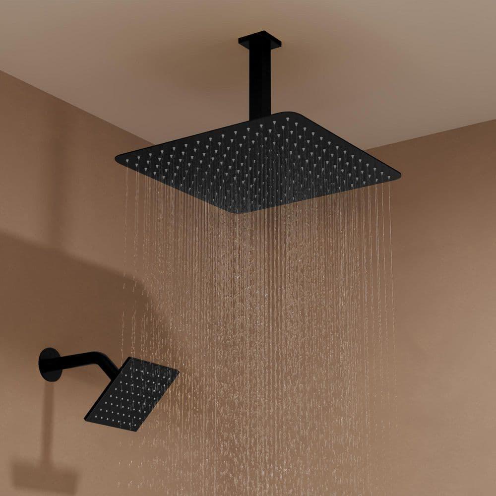 GRANDJOY 16 inch Complete Dual Shower Head System, Celling Mounted Shower Faucet Set with Hand Shower Head, Rough in-Valve, 6 Massage Body Jets - Matte Black