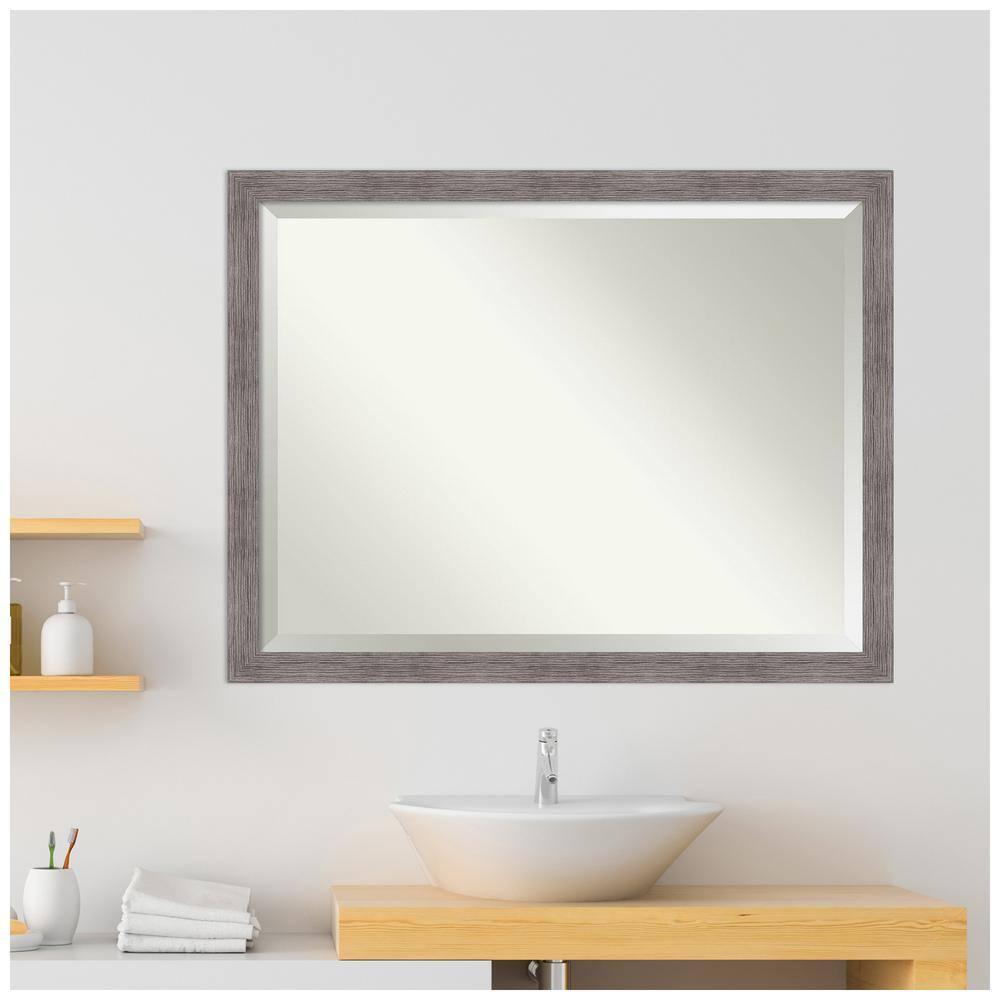 Amanti Art Beveled Bathroom Wall Mirror - Pinstripe Frame Pinstripe Plank Grey Narrow Outer Size: 43 x 33 in